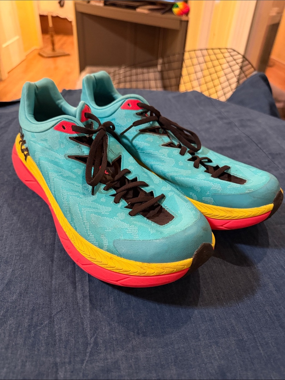 Hoka Men's Turquoise Running Shoes with Yellow & Pink Accents